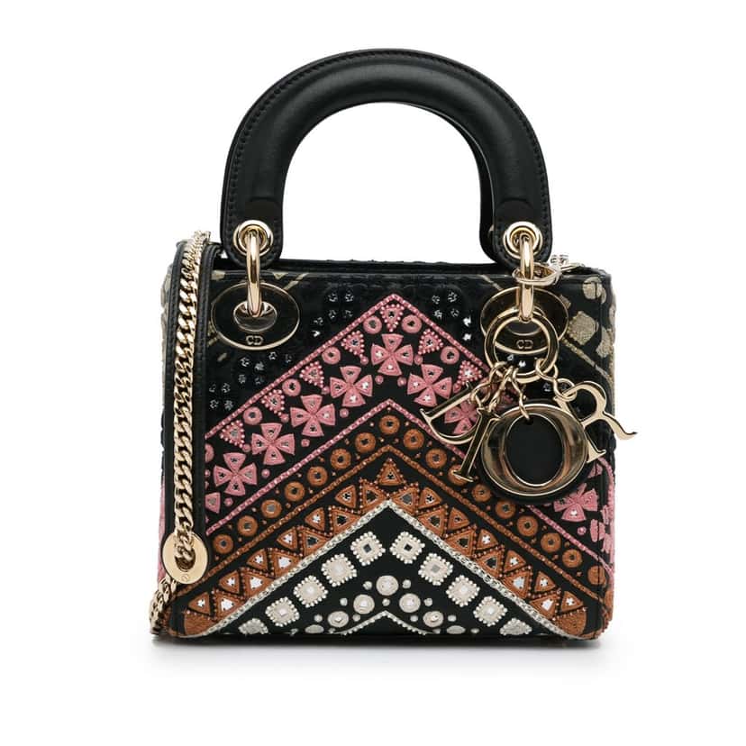 Dior Mini Calfskin Embroidered Lady Dior Black Leather Good condition - Front View