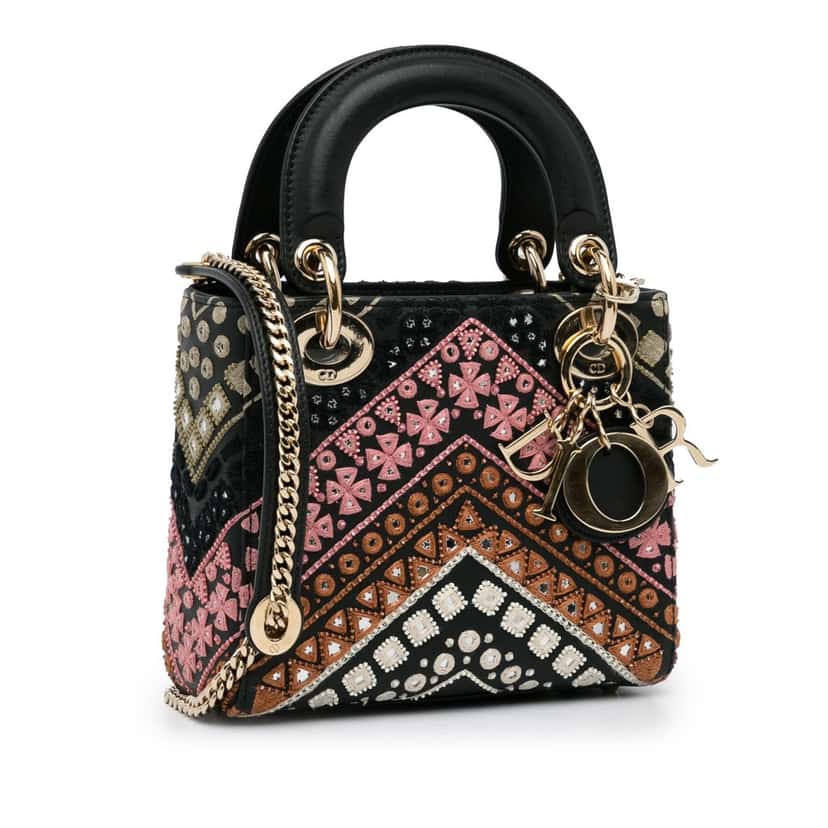 Dior Mini Calfskin Embroidered Lady Dior Black Leather Good condition - Back View