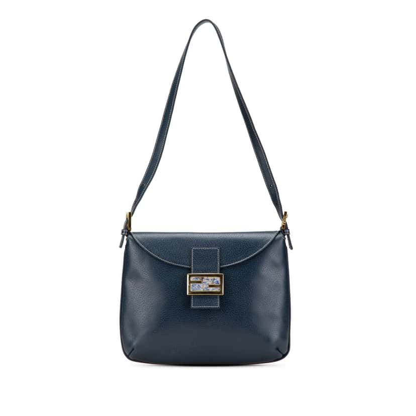 Fendi Calfskin FF Marble Flap Shoulder Bag Blue Leather Good condition - Front View