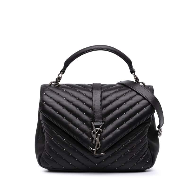 Saint Laurent Medium Chevron Studded Lambskin Monogram College Satchel Black Leather Good condition - Front View