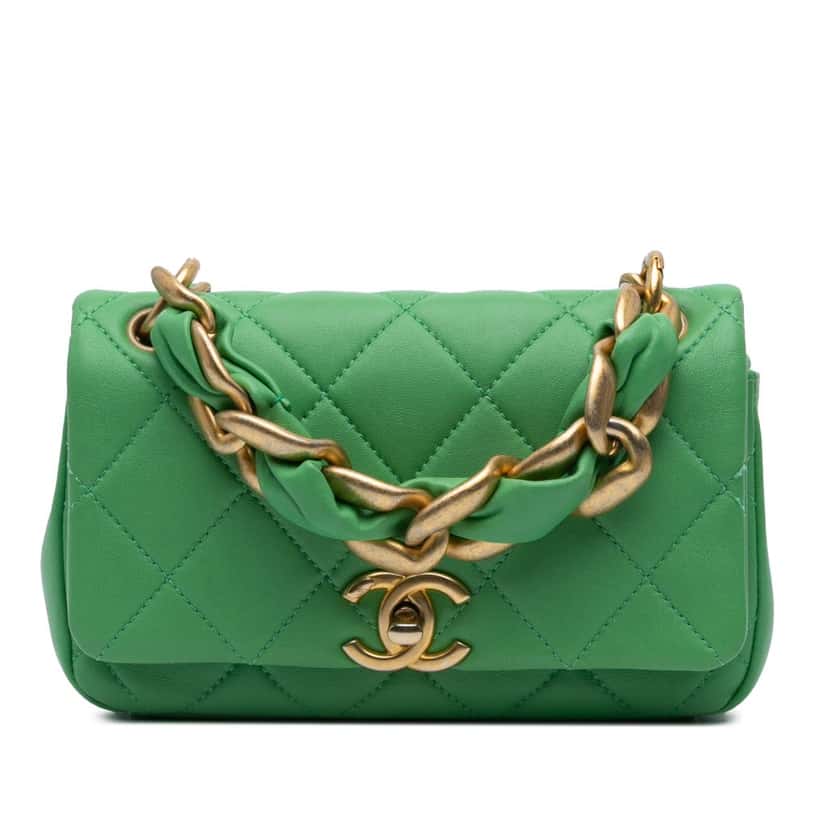 Chanel Small Quilted Lambskin Chain Is More Flap Green Leather Good condition - Front View