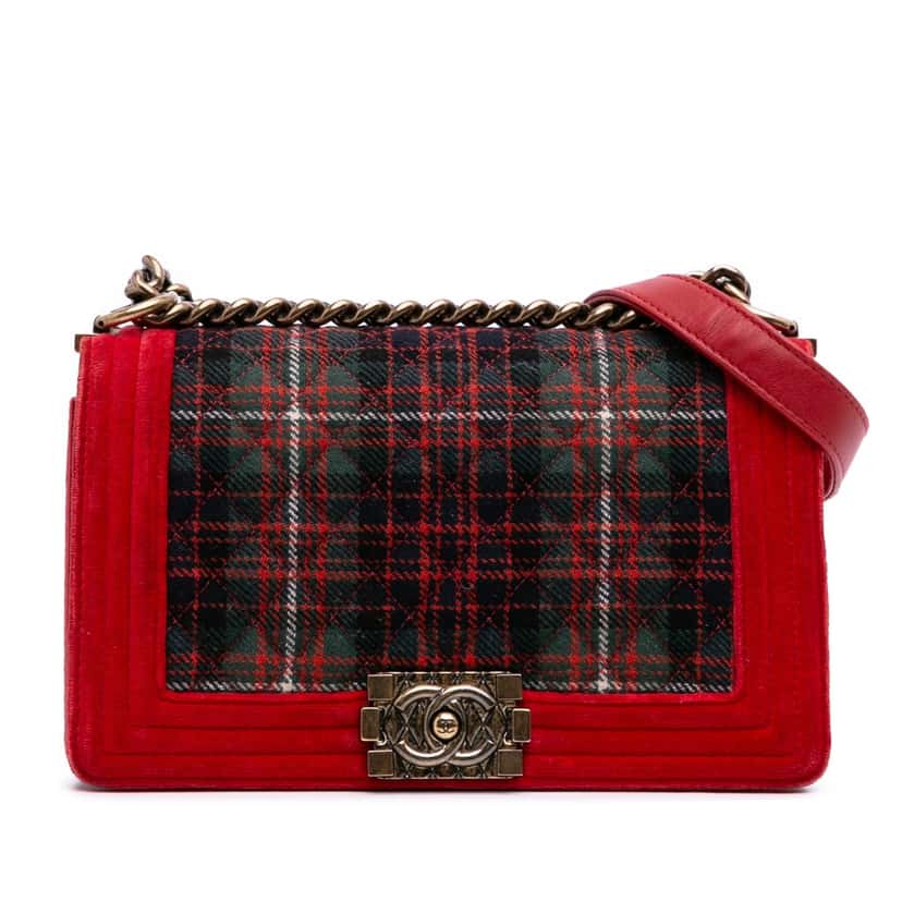 Chanel Old Medium Quilted Tweed and Velvet Boy Flap Red Velvet Good condition - Front View