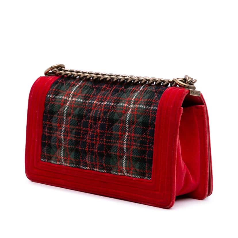 Chanel Old Medium Quilted Tweed and Velvet Boy Flap Red Velvet Good condition - Back View
