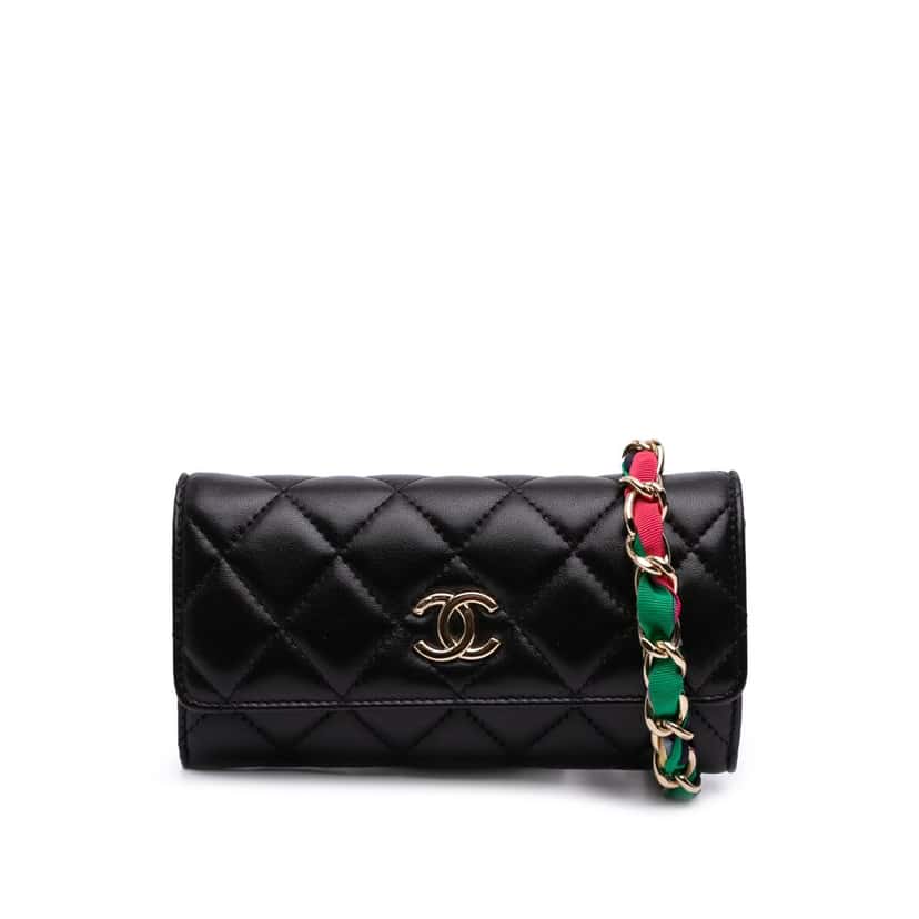 Chanel CC Quilted Shiny Lambskin Ribbon Long Clutch on Chain Black Leather Good condition - Front View