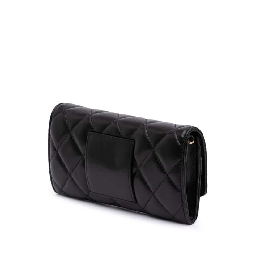 Chanel CC Quilted Shiny Lambskin Ribbon Long Clutch on Chain Black Leather Good condition - Back View