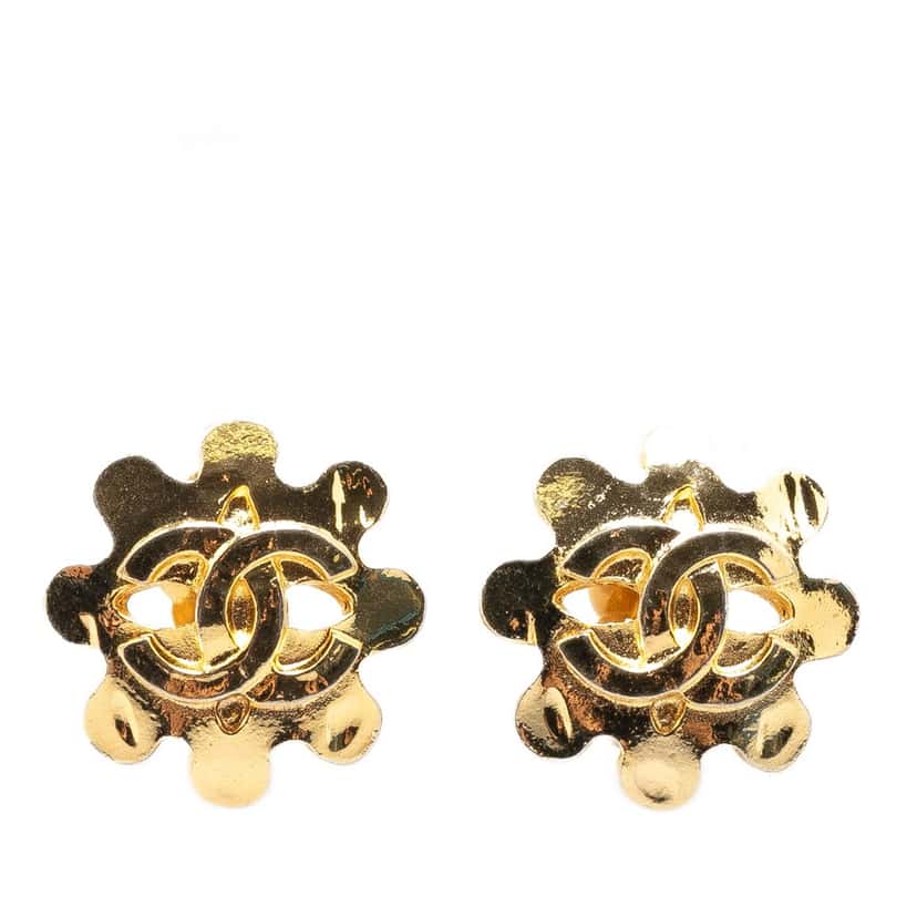 Chanel Gold Plated CC Flower Clip On Earrings Gold Metal Good condition - Front View