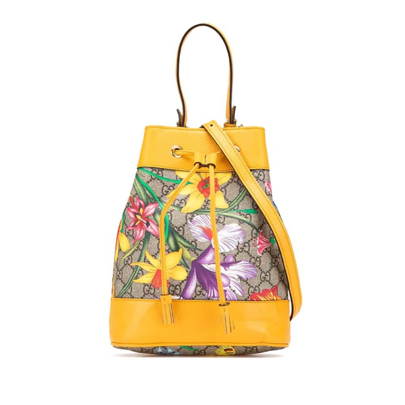 Gucci Small GG Supreme Flora Bucket Bag Brown Canvas Good condition - Front View