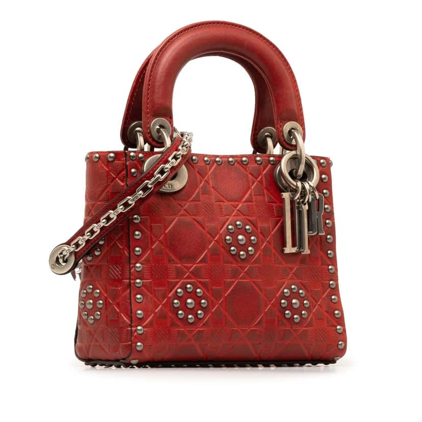Dior Mini Embossed Calfskin Cannage Studded Flower Lady Dior Red Leather Good condition - Back View