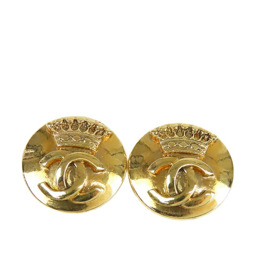 Chanel Gold Plated CC Crown Clip On Earrings Gold Metal Good condition - Front View
