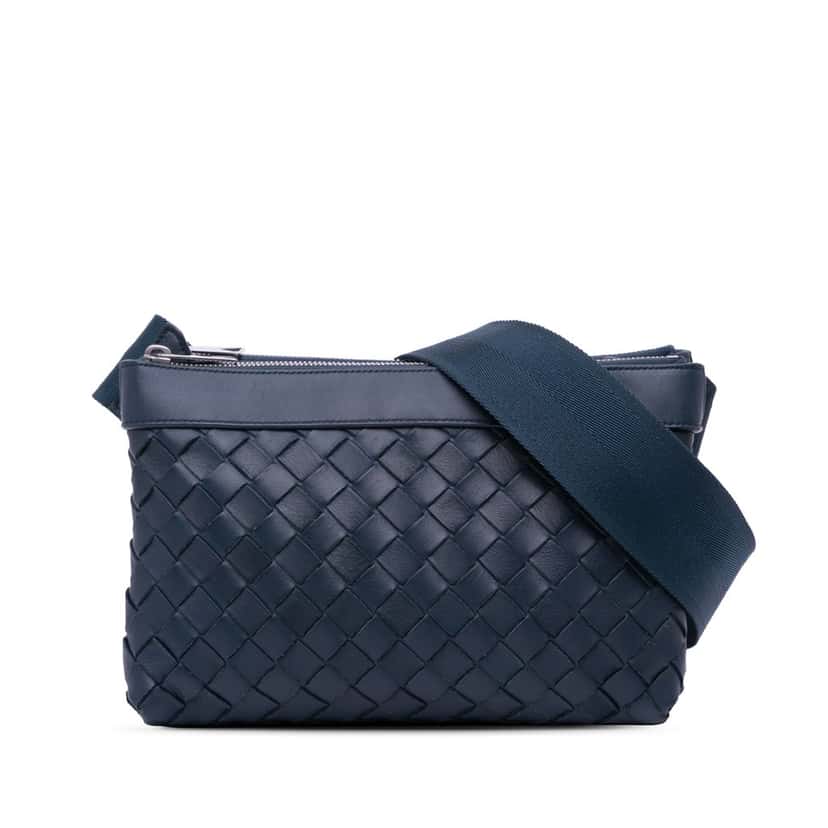 Bottega Veneta Leather Intrecciato Duo Crossbody Blue Leather Good condition - Front View