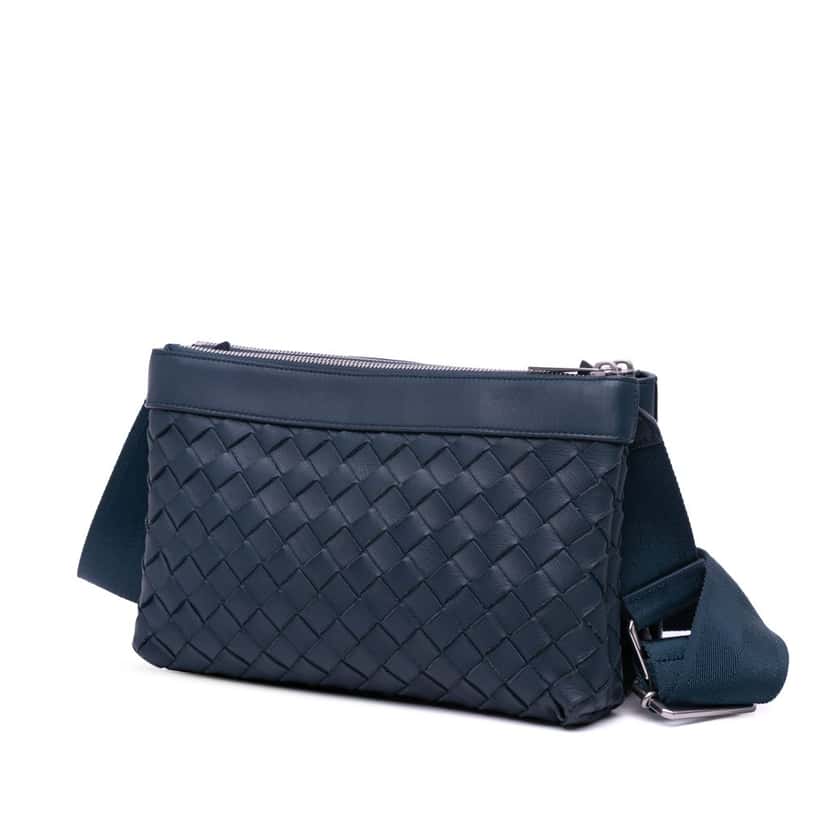 Bottega Veneta Leather Intrecciato Duo Crossbody Blue Leather Good condition - Back View