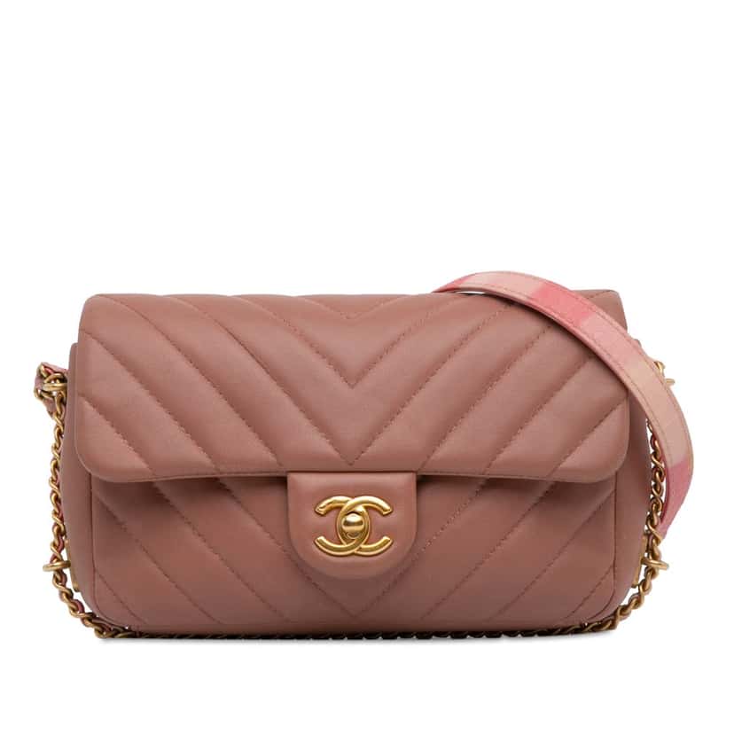 Chanel Mini Rectangular Chevron Lambskin Chain Around Flap Pink Leather Good condition - Front View
