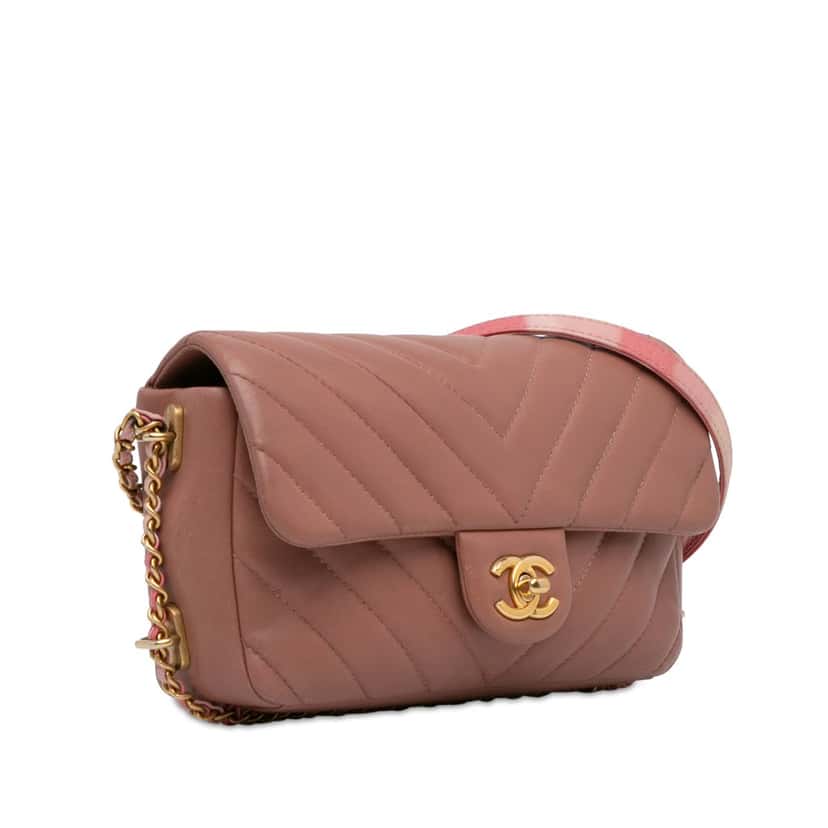 Chanel Mini Rectangular Chevron Lambskin Chain Around Flap Pink Leather Good condition - Back View