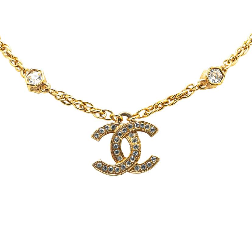 Chanel Gold Plated CC Rhinestones Pendant Necklace Gold Metal Good condition - Front View