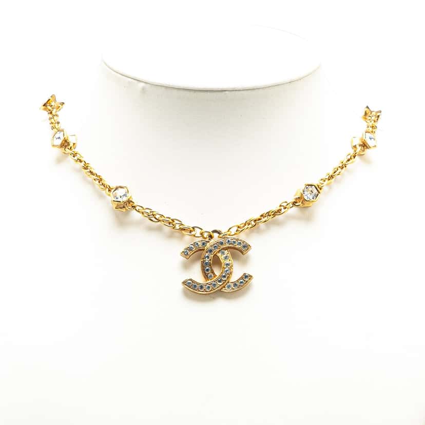Chanel Gold Plated CC Rhinestones Pendant Necklace Gold Metal Good condition - Box View