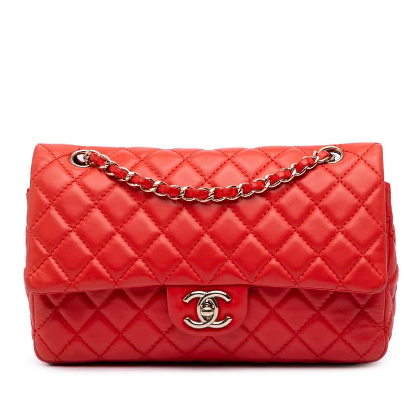 Chanel Medium Classic Lambskin Double Flap Red Leather Good condition - Front View