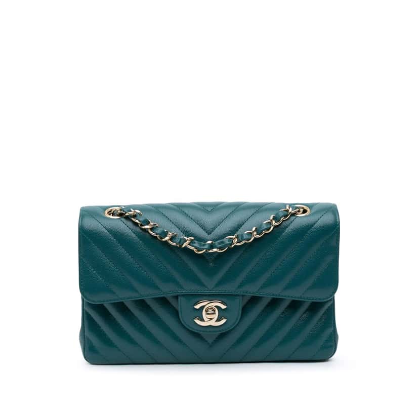 Chanel Small Classic Chevron Caviar Double Flap Blue Leather Good condition - Front View