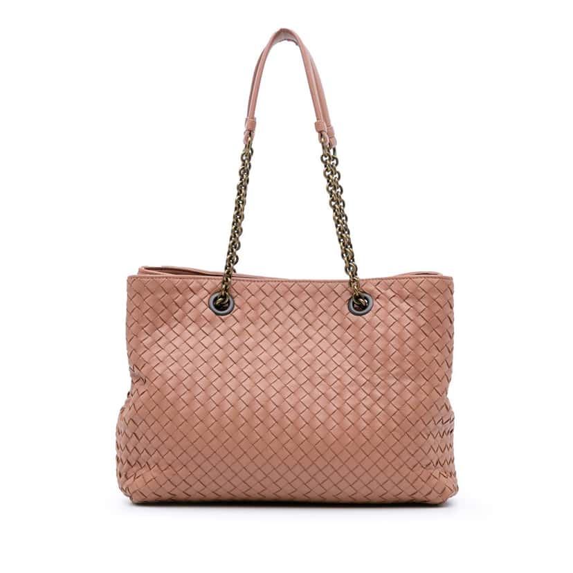 Bottega Veneta Medium Nappa Intrecciato Double Chain Tote Pink Leather Good condition - Front View