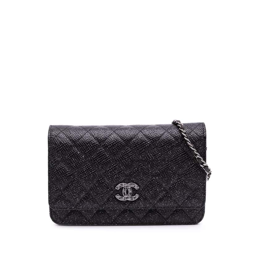 Chanel CC Quilted Glittered Calfskin Wallet On Chain Black Leather Good condition - Front View