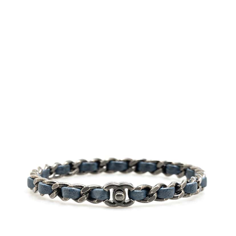 Chanel Silver Plated Leather Woven Chain CC Turnlock Bracelet Silver Brass Good condition - Front View