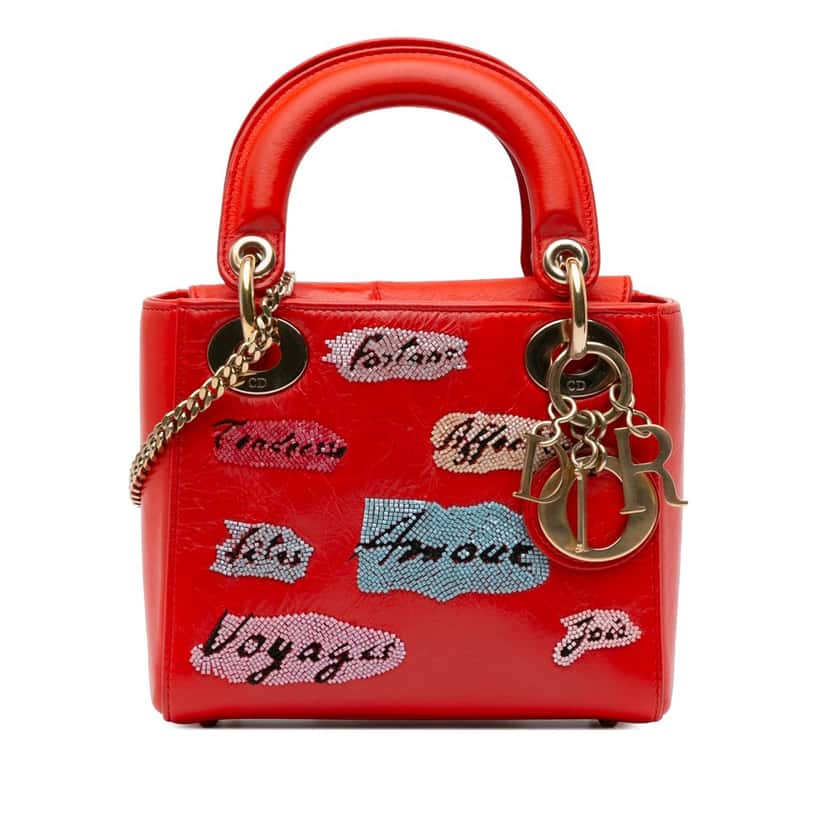 Dior Mini Calfskin Sequin Embellished Lady Dior Red Leather Good condition - Front View