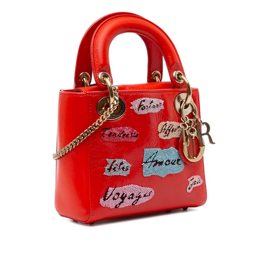 Dior Mini Calfskin Sequin Embellished Lady Dior Red Leather Good condition - Back View