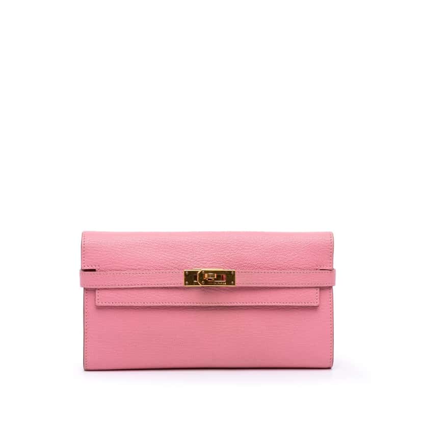 Hermès Chevre Mysore Kelly Longue Wallet Pink Leather Good condition - Front View