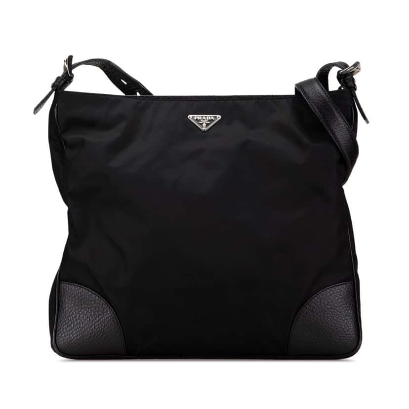 Prada Vitello Daino Trimmed Tessuto Zip Top Crossbody Black Good condition - Front View