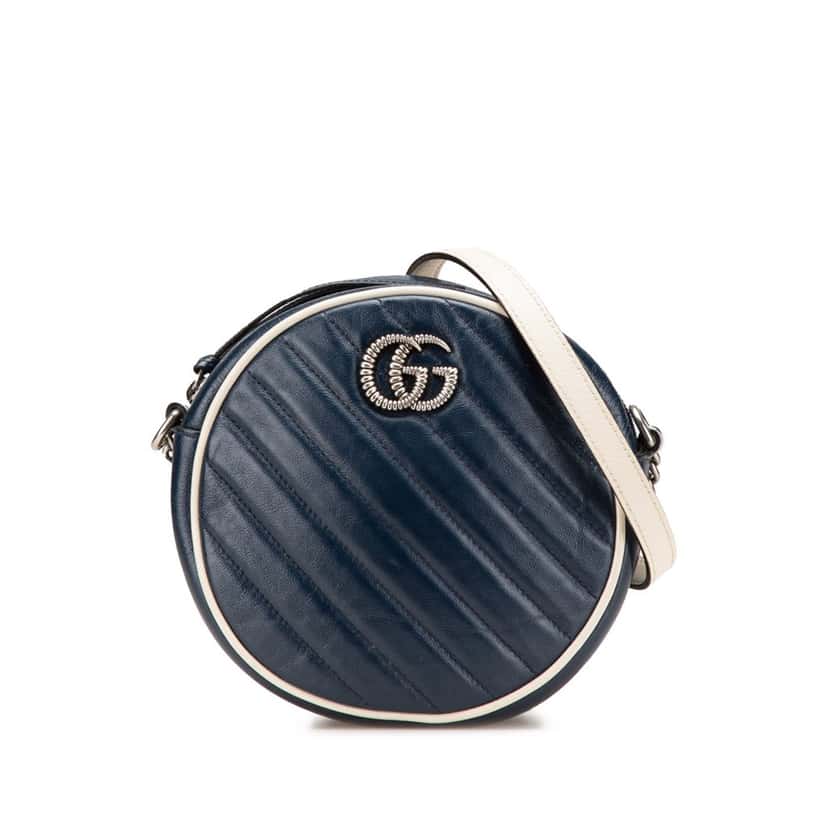 Gucci Mini GG Marmont Matelasse Leather Torchon Round Crossbody Blue Leather Good condition - Front View