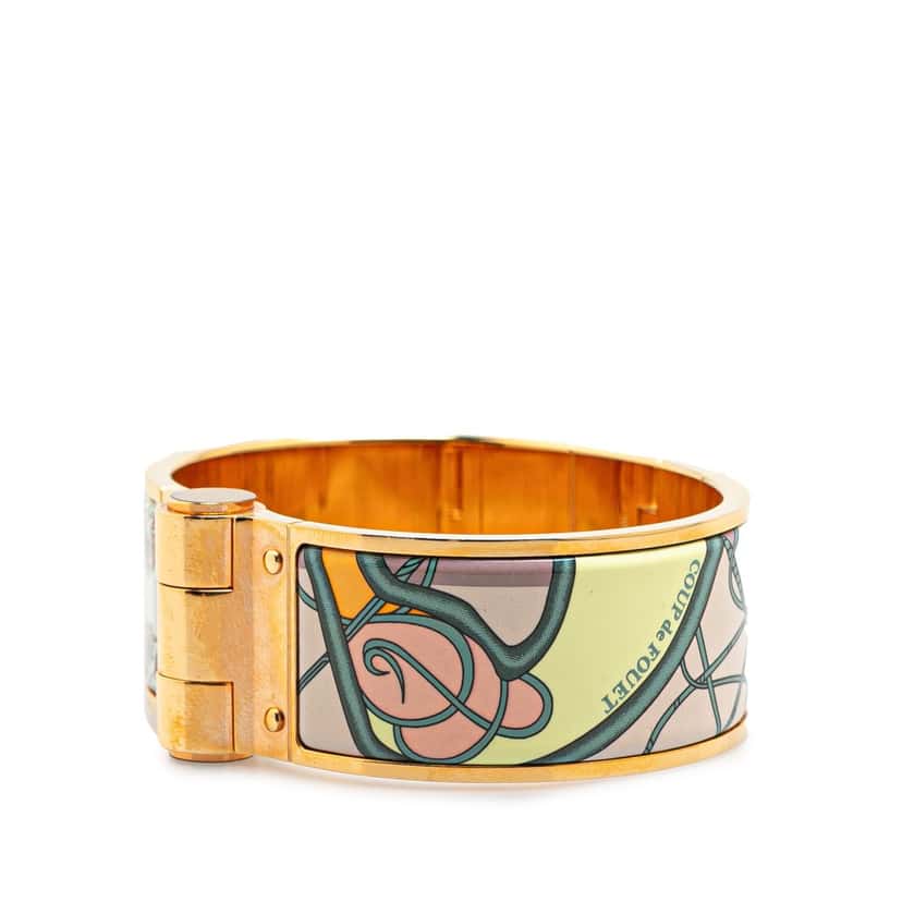 Hermès Wide Printed Enamel Coup de Fouet Au Bloc Hinged Bracelet PM White Good condition - Back View