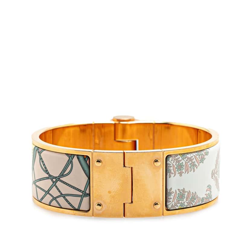 Hermès Wide Printed Enamel Coup de Fouet Au Bloc Hinged Bracelet PM White Good condition - Inside View