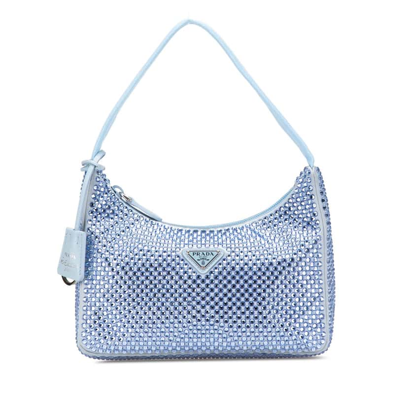 Prada Mini Satin Crystal Re-Edition 2000 Shoulder Bag Blue Satin Good condition - Front View