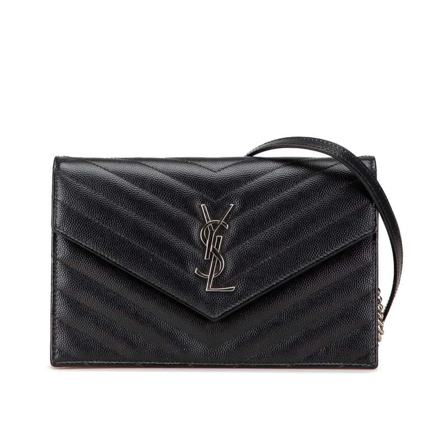 Saint Laurent Grain De Poudre Matelasse Chevron Monogram Chain Wallet Black Leather Good condition - Front View