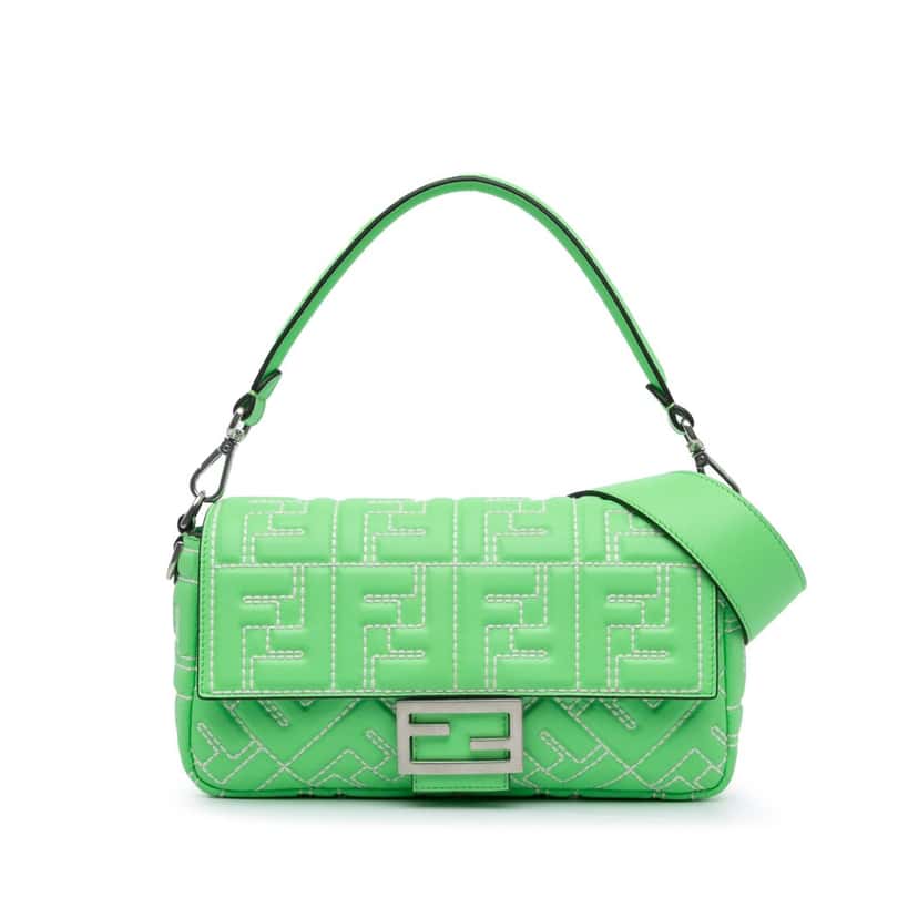 Fendi Zucca Embossed Stitched Leather Baguette Satchel Green Leather Good condition - Front View