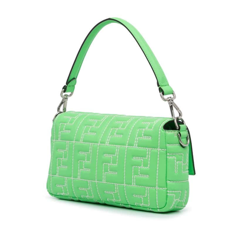 Fendi Zucca Embossed Stitched Leather Baguette Satchel Green Leather Good condition - Back View
