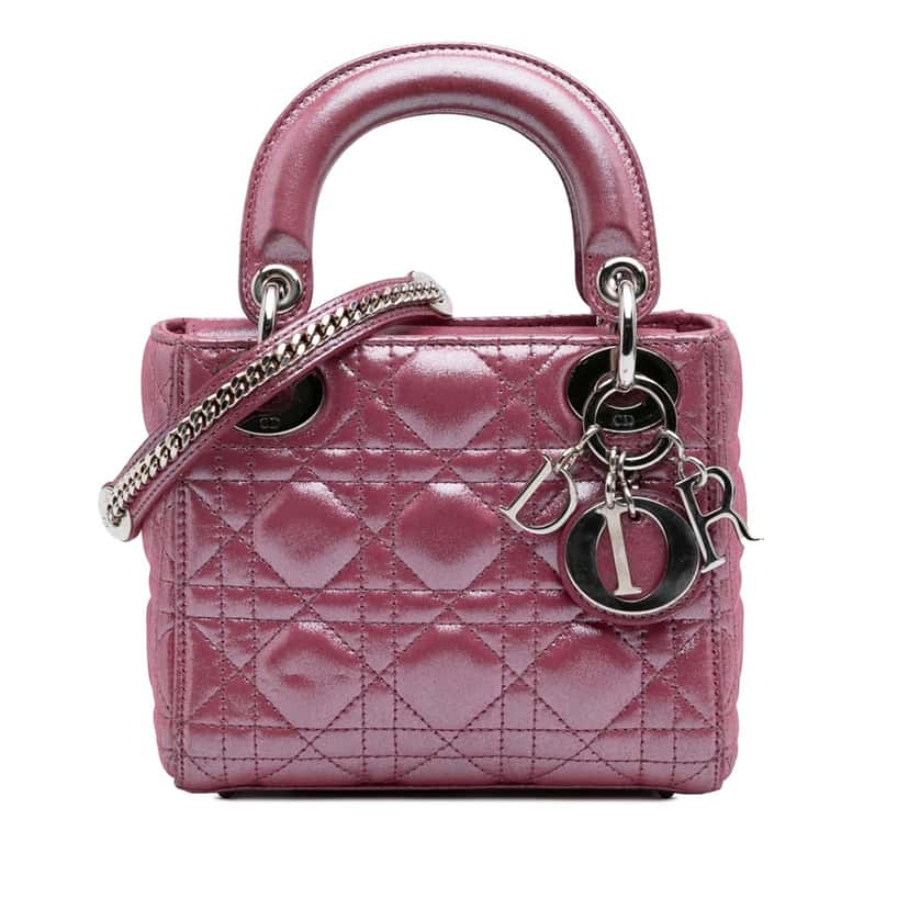 Dior Mini Iridescent Lambskin Cannage Lady Dior Pink Leather Good condition - Front View
