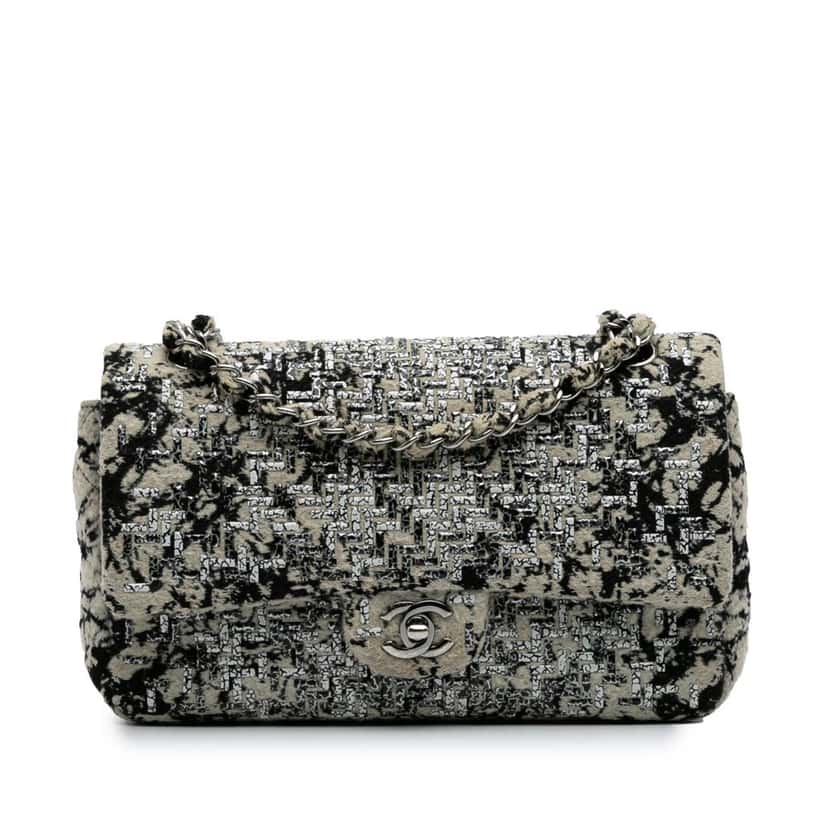 Chanel Medium Classic Wool Herringbone Double Flap White Wool Good condition - Front View