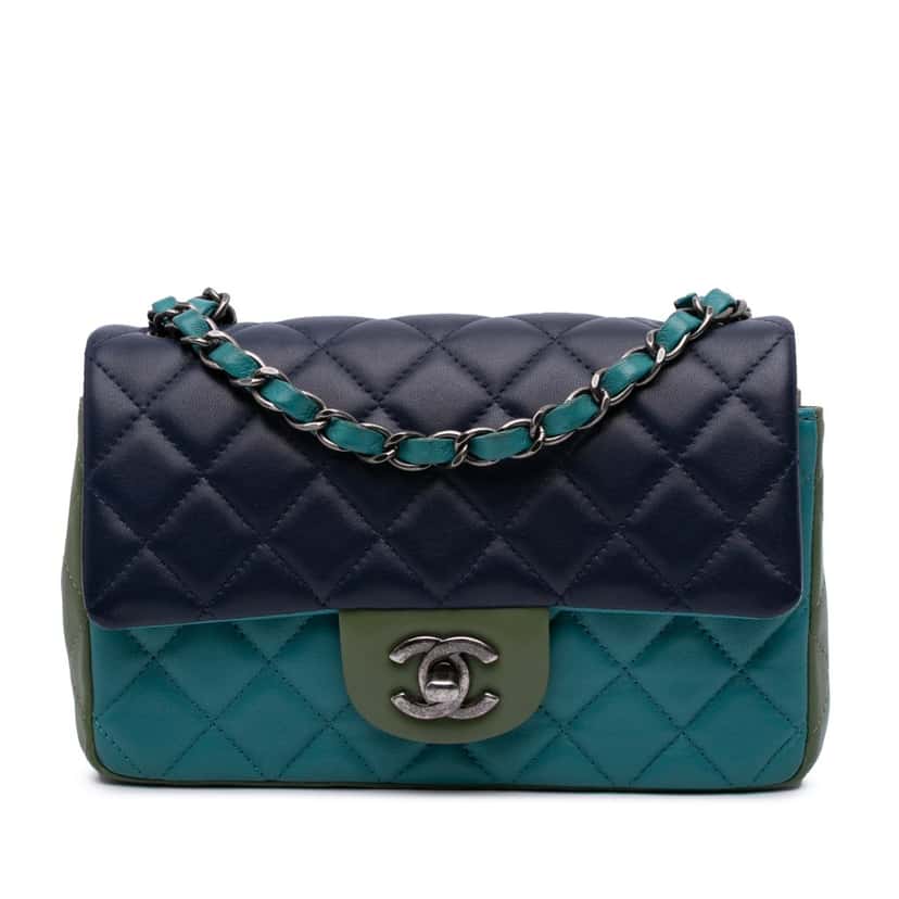 Chanel Mini Rectangular Classic Tricolor Lambskin Single Flap Blue Leather Good condition - Front View