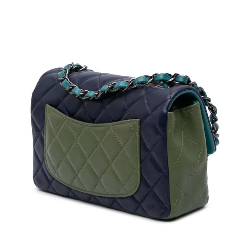 Chanel Mini Rectangular Classic Tricolor Lambskin Single Flap Blue Leather Good condition - Back View