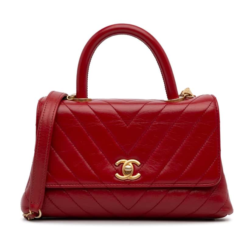 Chanel Small Lambskin Chevron Coco Top Handle Bag Red Leather Good condition - Front View