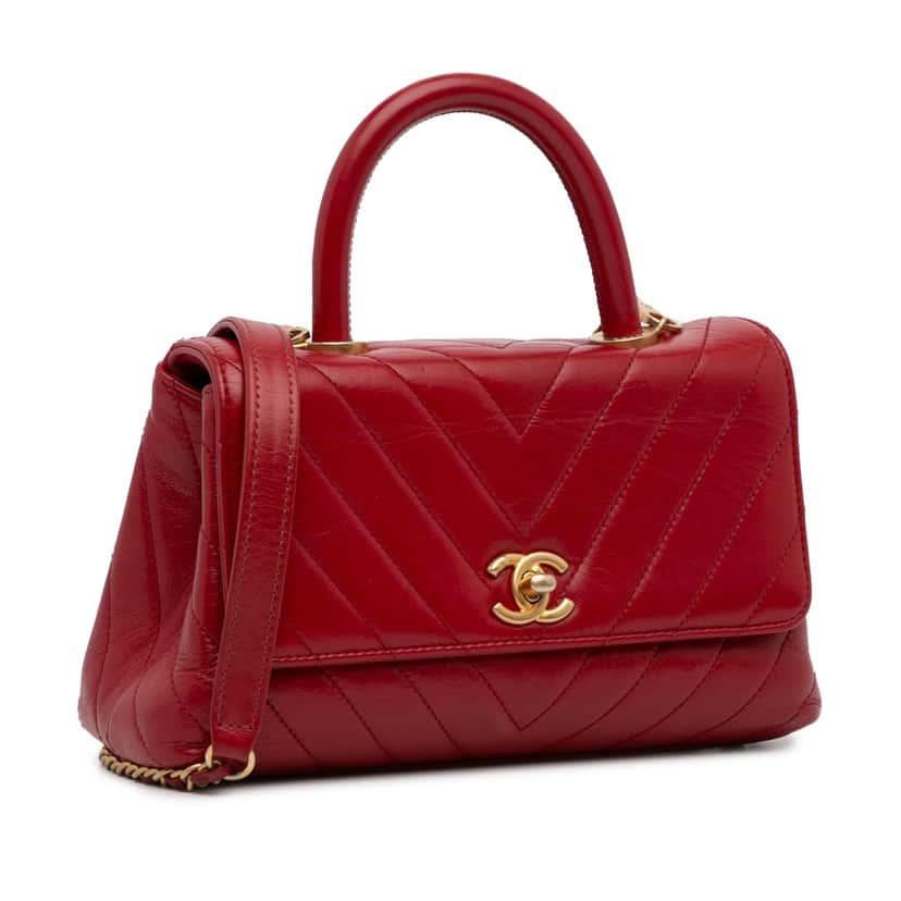 Chanel Small Lambskin Chevron Coco Top Handle Bag Red Leather Good condition - Back View