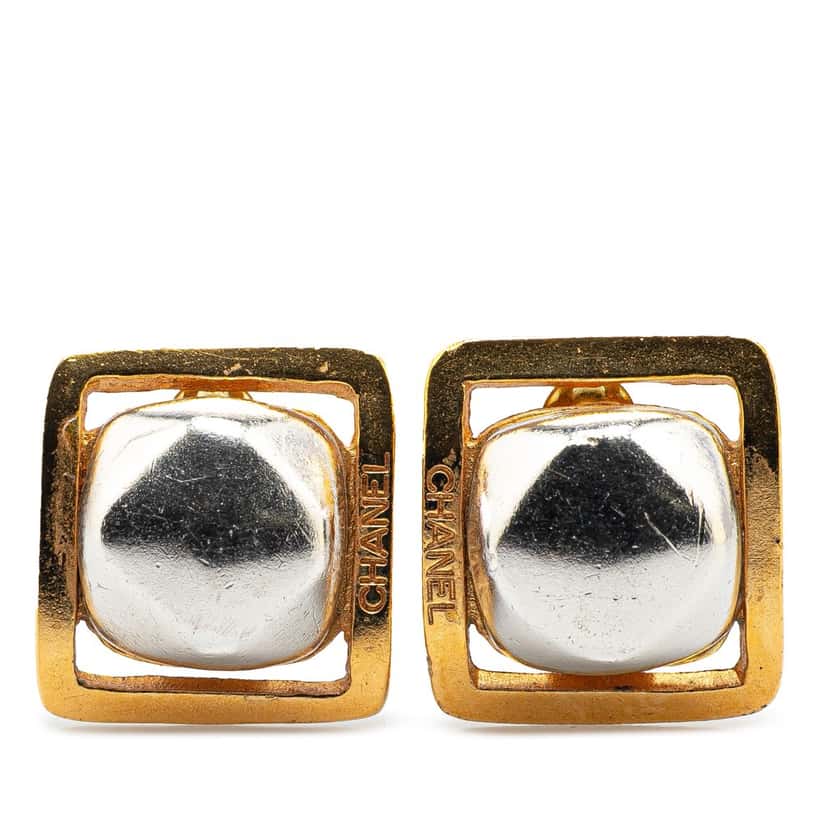 Chanel Gold Plated and Silver Square Bead Clip On Earrings Gold Metal Good condition - Front View
