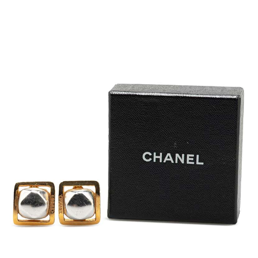 Chanel Gold Plated and Silver Square Bead Clip On Earrings Gold Metal Good condition - Model View