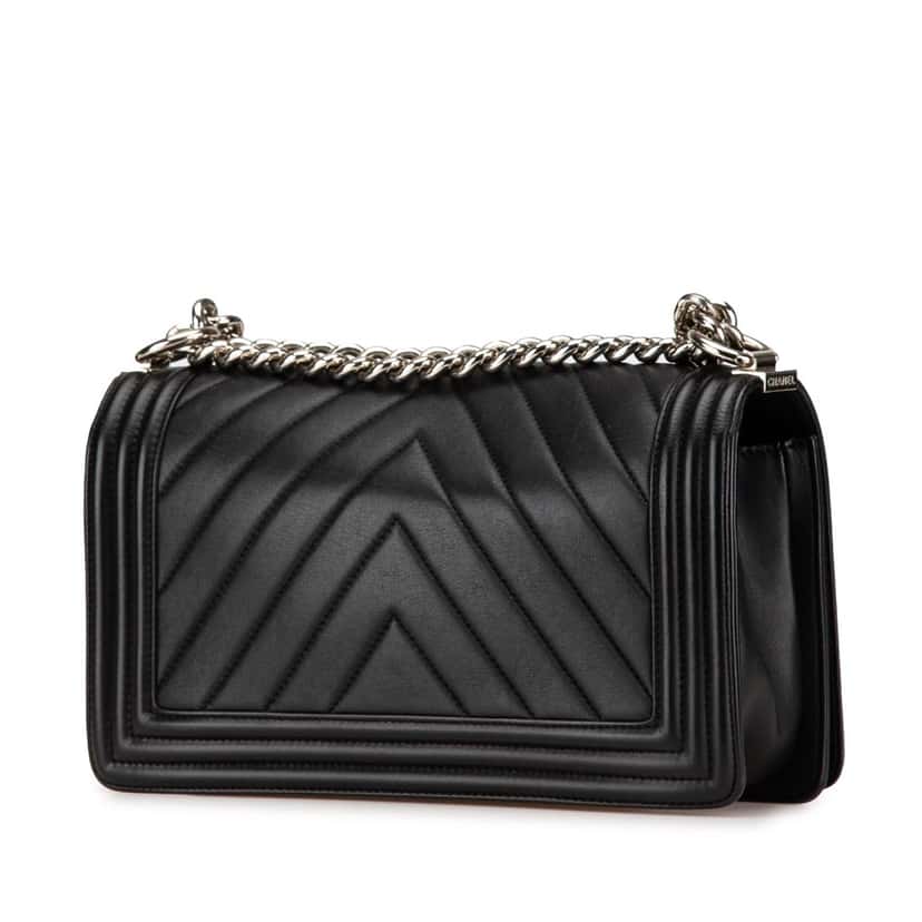 Chanel Old Medium Chevron Calfskin Boy Flap Black Leather Good condition - Back View