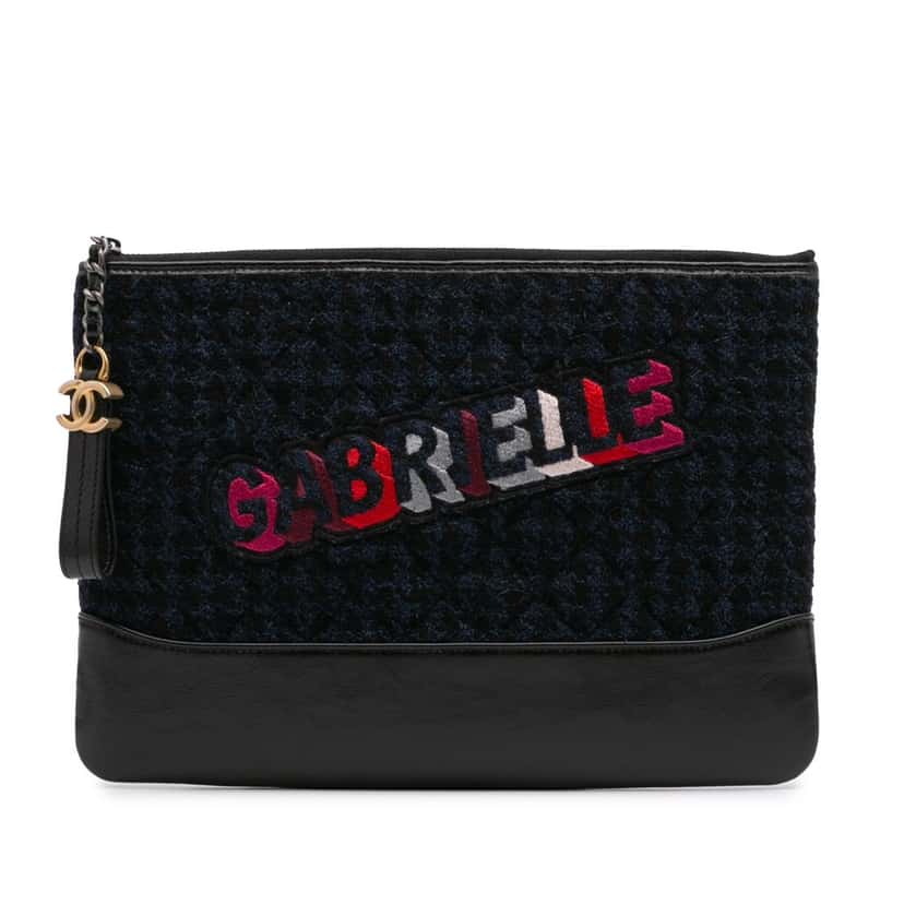 Chanel Quilted Tweed and Calfskin Embroidered Gabrielle Clutch Blue Tweed Good condition - Front View