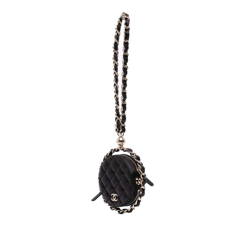 Chanel CC Quilted Lambskin Round Chain Around Clutch With Chain Black Leather Good condition - Back View