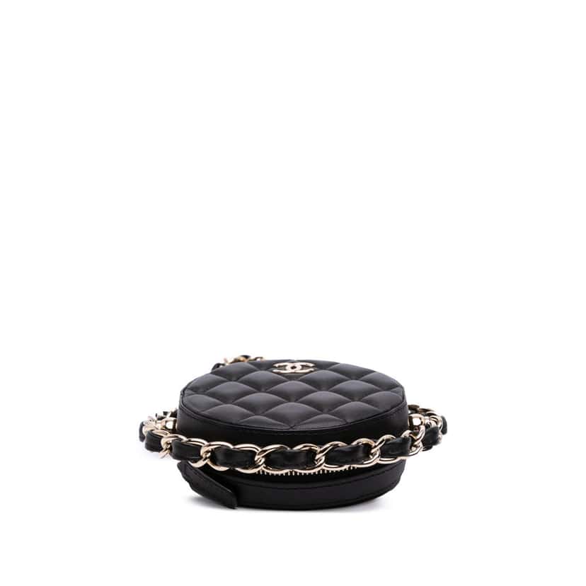 Chanel CC Quilted Lambskin Round Chain Around Clutch With Chain Black Leather Good condition - Inside View