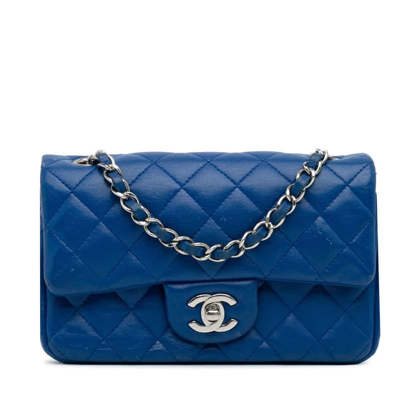 Chanel Mini Rectangular Classic Lambskin Single Flap Blue Leather Fair condition - Front View