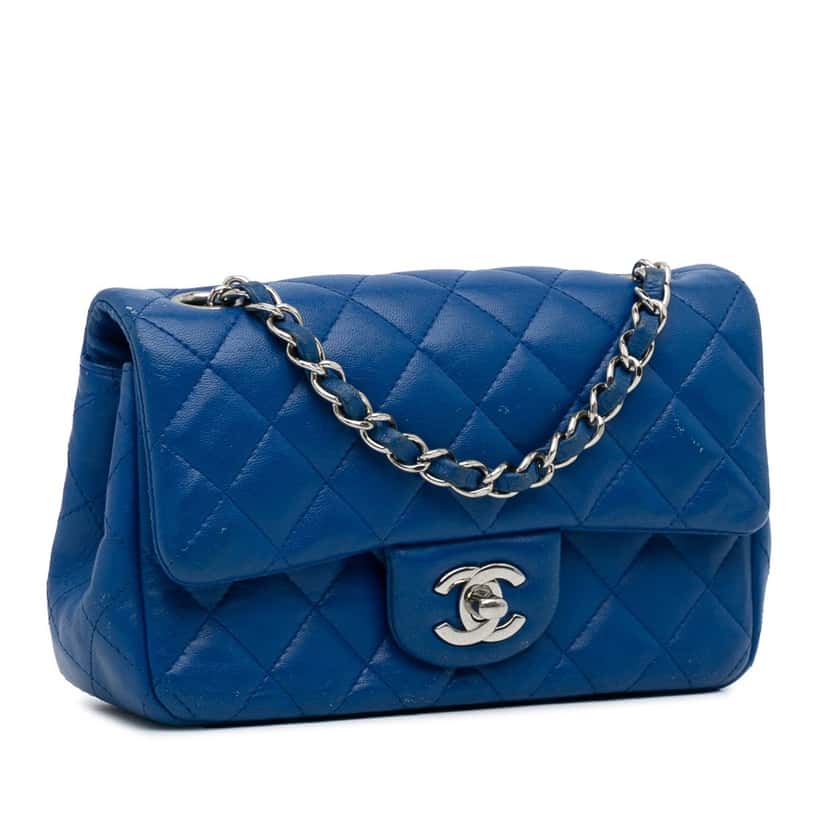 Chanel Mini Rectangular Classic Lambskin Single Flap Blue Leather Fair condition - Back View