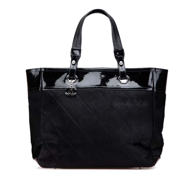 Chanel Medium Quilted Pony Hair and Patent Paris Biarritz Tote Black Good condition - Front View
